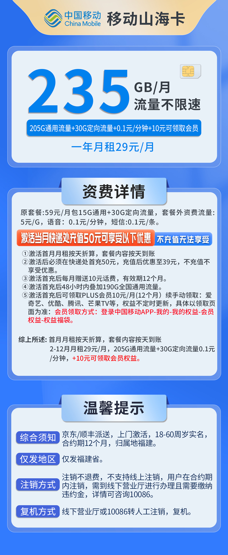 共创号卡官方发布：中国移动山海卡仅发福建205通用流量+30定向流量  第2张