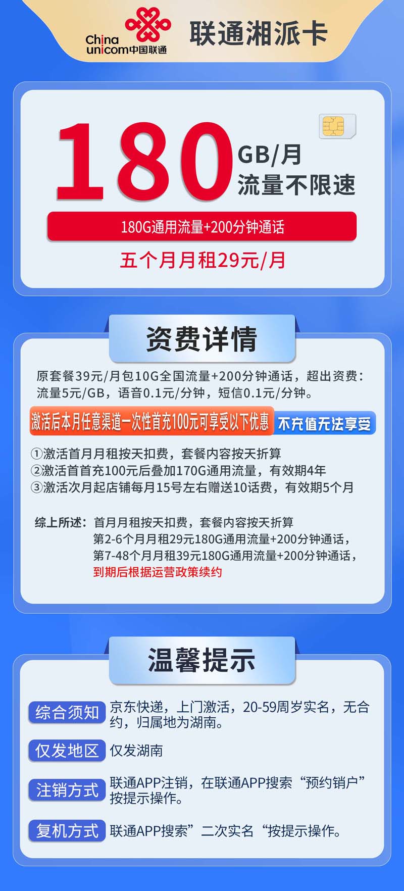 中国联通-湘派卡29元180G通用流量+200分钟通话+仅发湖南  第1张