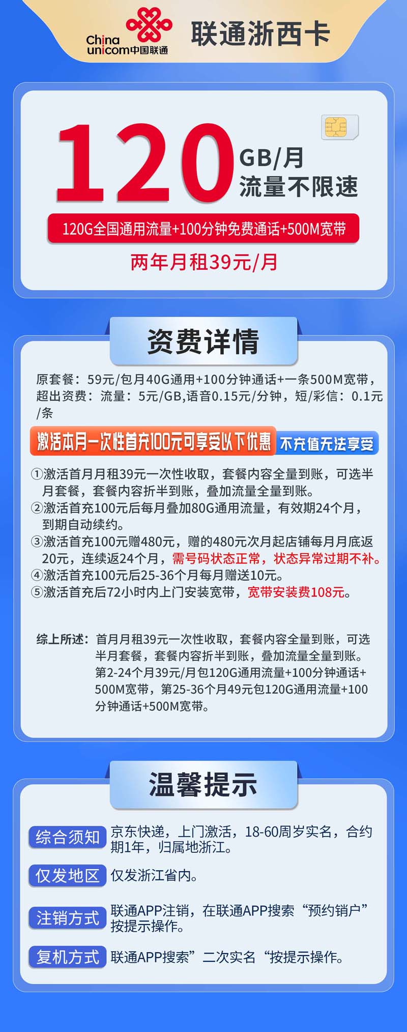 中国联通-浙西卡39元120G通用流量+100分钟通话+仅发浙江  第1张