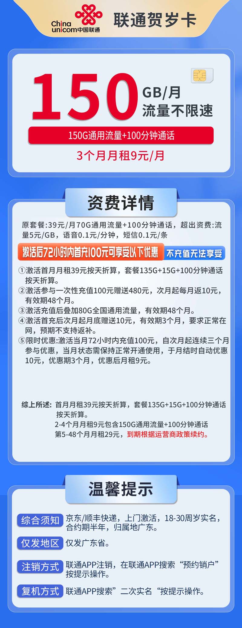 中国联通-贺岁卡9元150G通用流量+100分钟通话+仅发广东  第1张