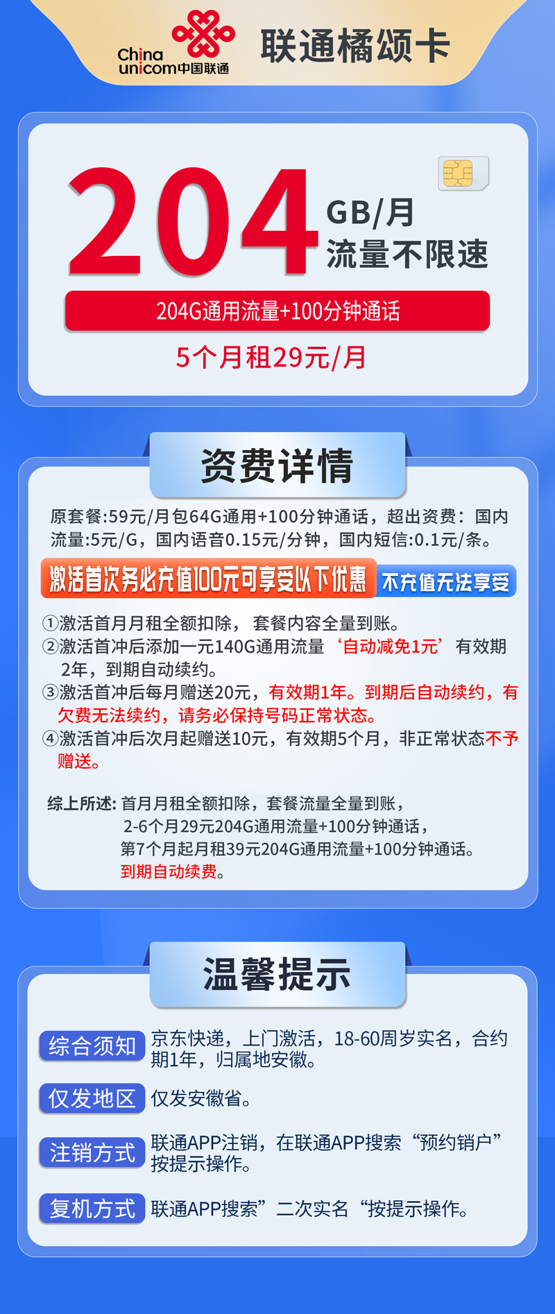 中国联通-橘颂卡29元204G通用流量+100分钟通话+仅发安徽  第1张